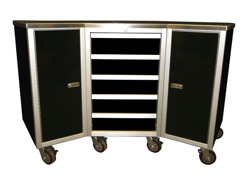 Wheeled Aluminum Cabinet with Drawers and Countertop