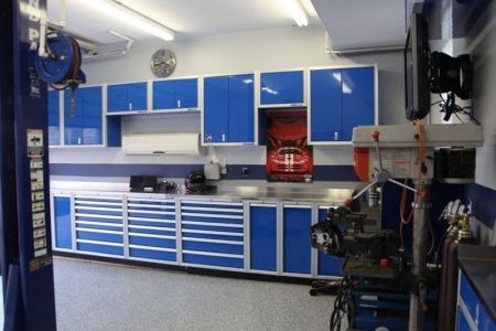 Moduline Blue Aluminum Cabinets in a shop