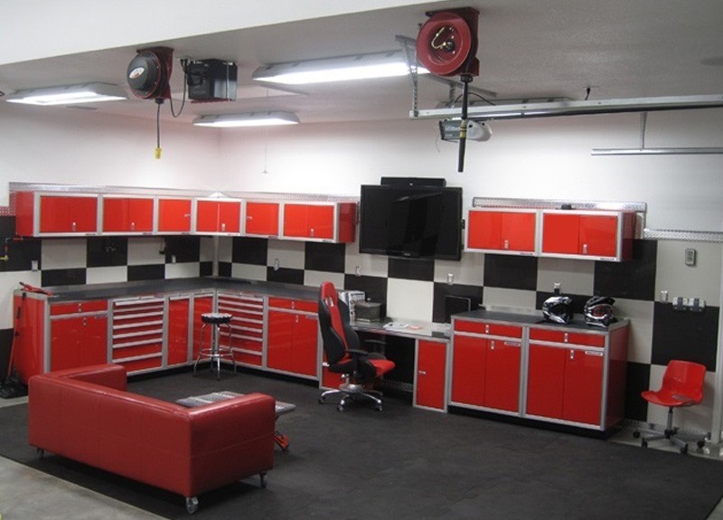 Moduline Red Aluminum Garage Storage Cabinets and Cord Hose Reels