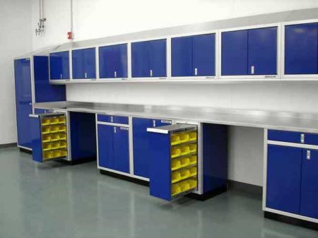 Blue Aluminum Parts Bin Cabinets in Garage