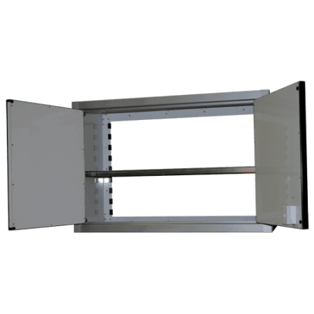 double door aluminum wall storage cabinet 18" tall open