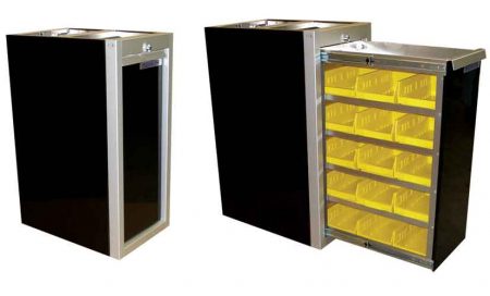 Aluminum Parts Bin Cabinet open and closed