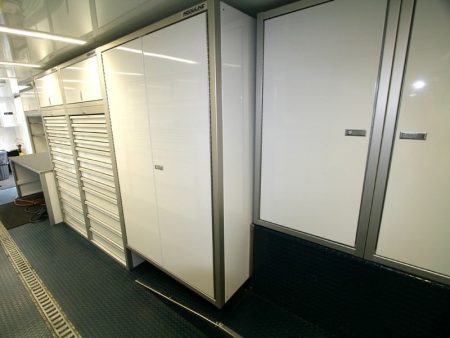 Lightweight Aluminum Cabinets and Desk in Enclosed Trailer