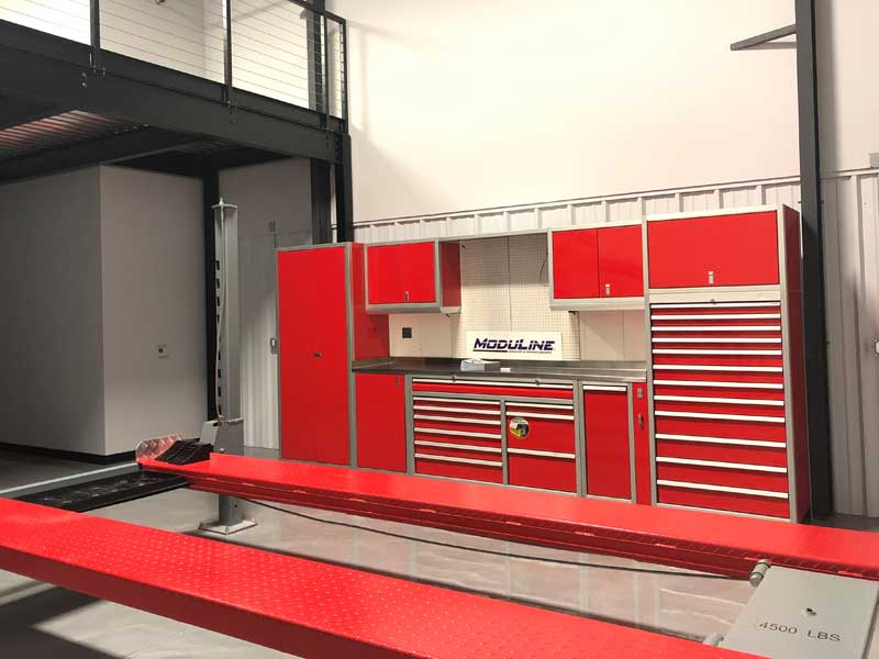 Moduline ProII™ SERIES Red Aluminum Cabinets in a Garage