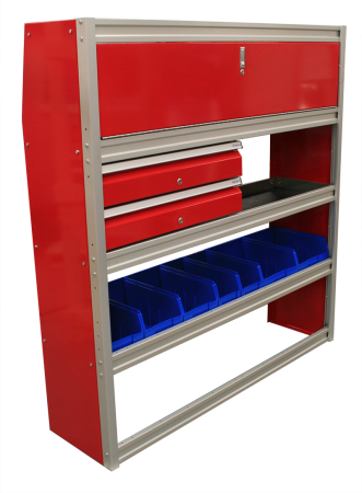 Moduline Upfit™ Series Red Shelf Unit with Door, QuikDraw® Drawers and Organization Bins