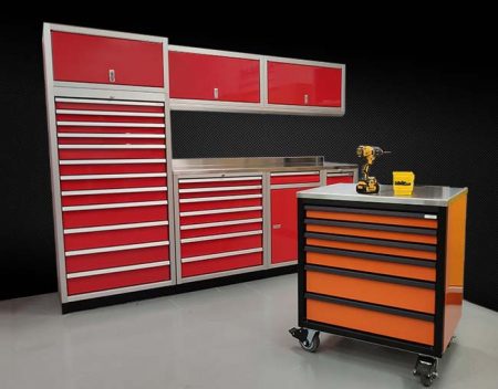 ProII Series red cabinet setup with orange and black rolling toolbox