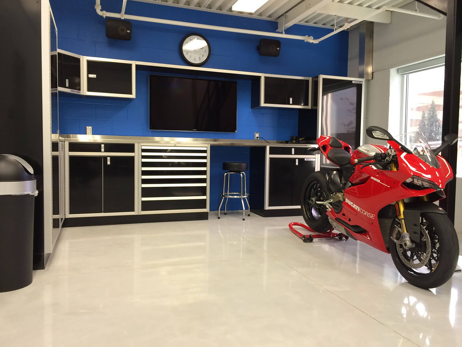 Garage with Moduline Cabinets Ducati Motorcycle