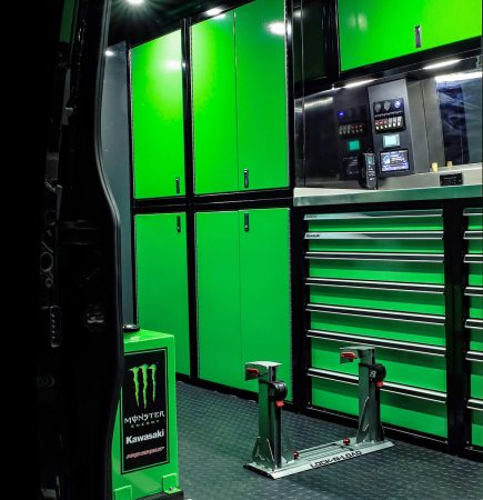 Green ProII Mobile Cabinets with Black Frames in Motocross Van