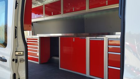 Moduline Red Aluminum Cabinets In Ford Transit