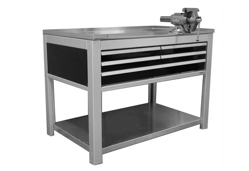 Aluminum workbench with low shelf, 5 drawers and vice