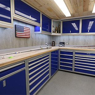fisherman's workshop with blue cabinets and wood panel walls and ceiling