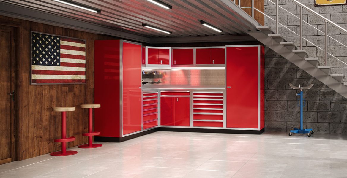 Red Cabinets in Automotive Garage with American Flag