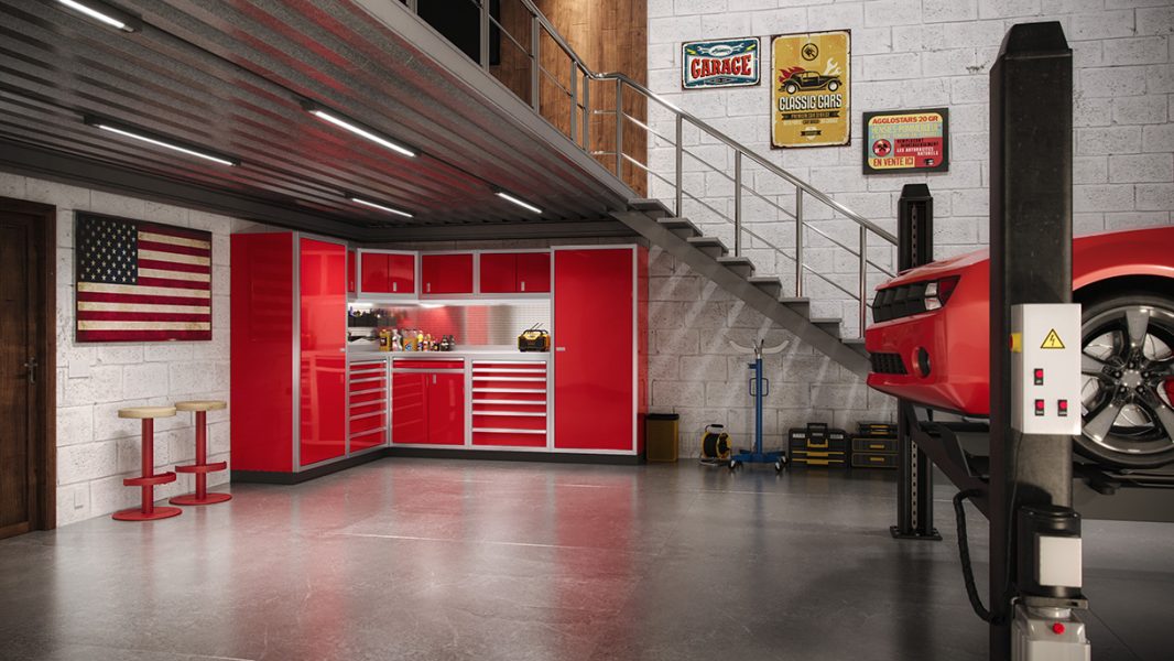 Red Aluminum Cabinet Setup in Automotive Garage